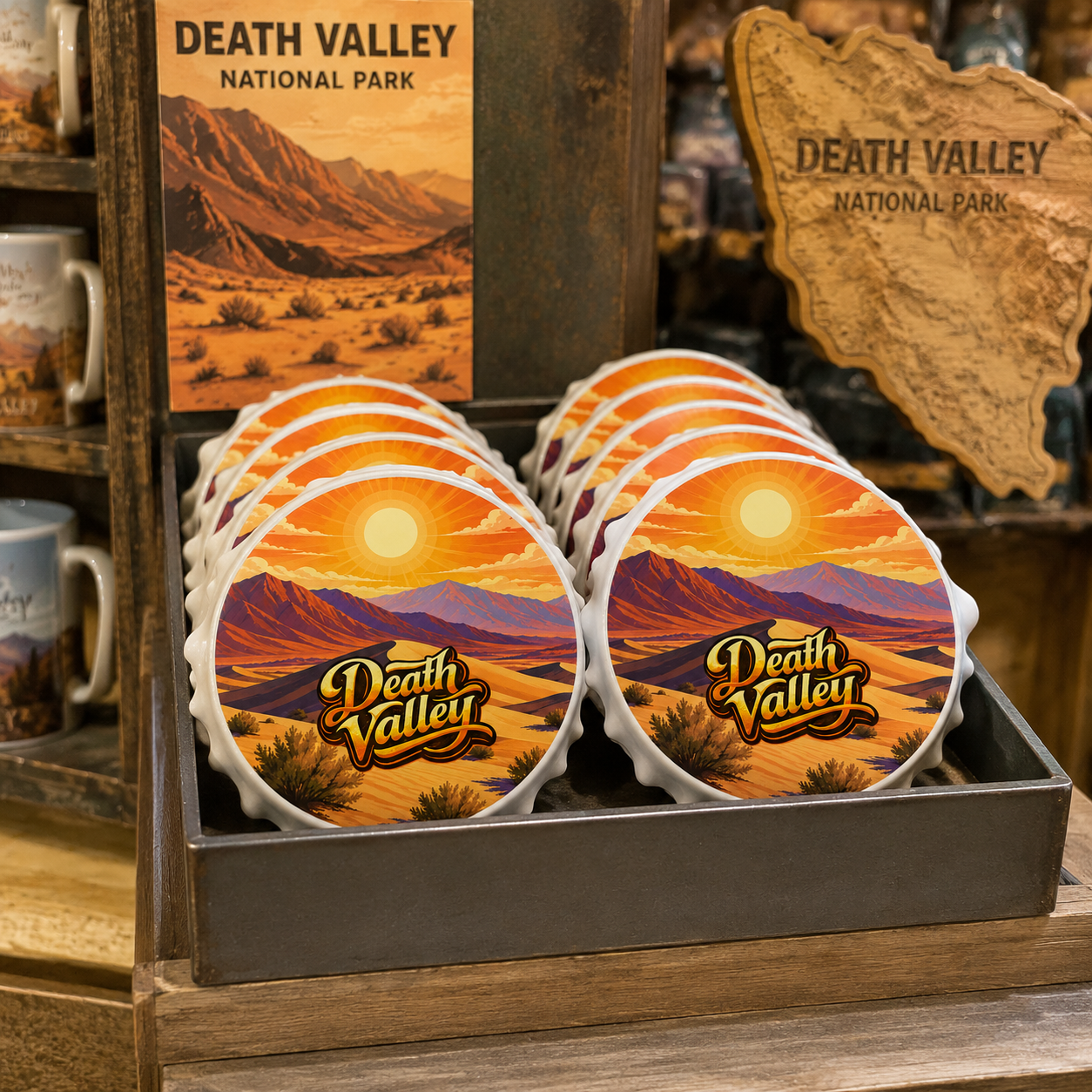 Death Valley National Park souvenir bottle opener magnet in a retail lifestyle setting
