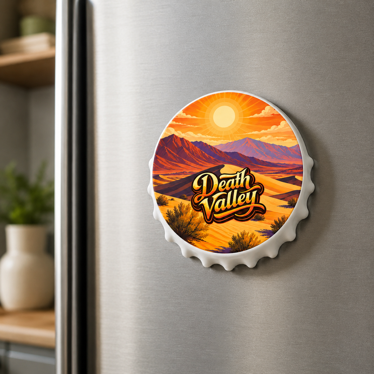 Death Valley National Park souvenir bottle opener magnet displayed on a refrigerator