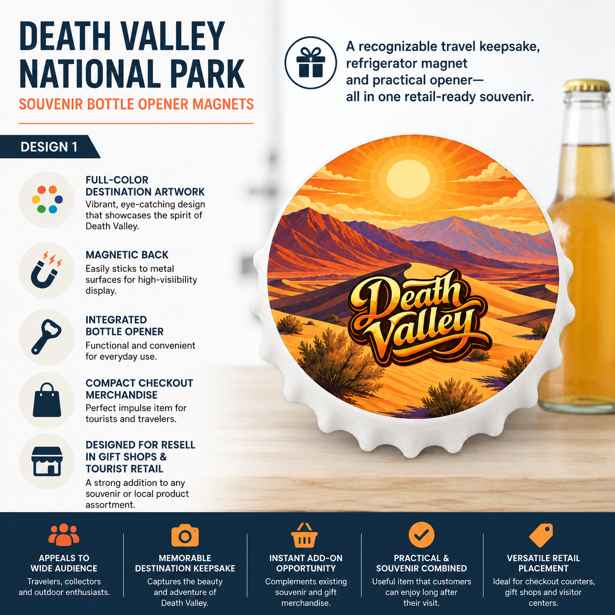 Death Valley National Park souvenir bottle opener magnet features infographic