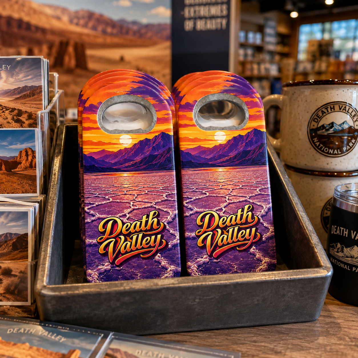 Death Valley National Park souvenir bottle opener magnet in a retail lifestyle setting