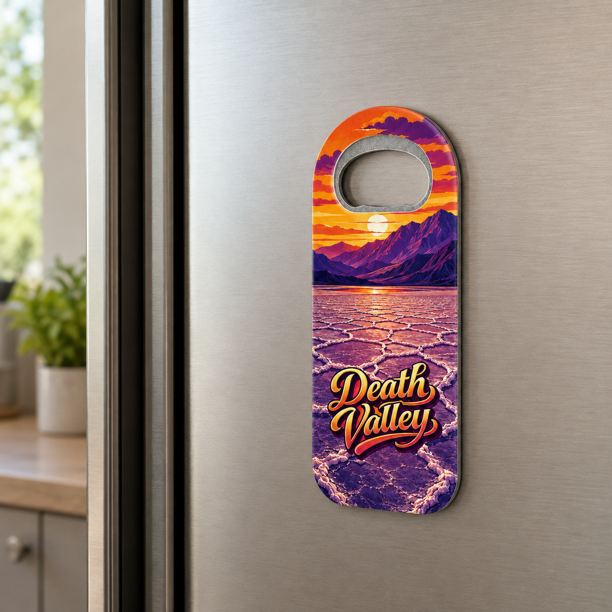 Death Valley National Park souvenir bottle opener magnet displayed on a refrigerator