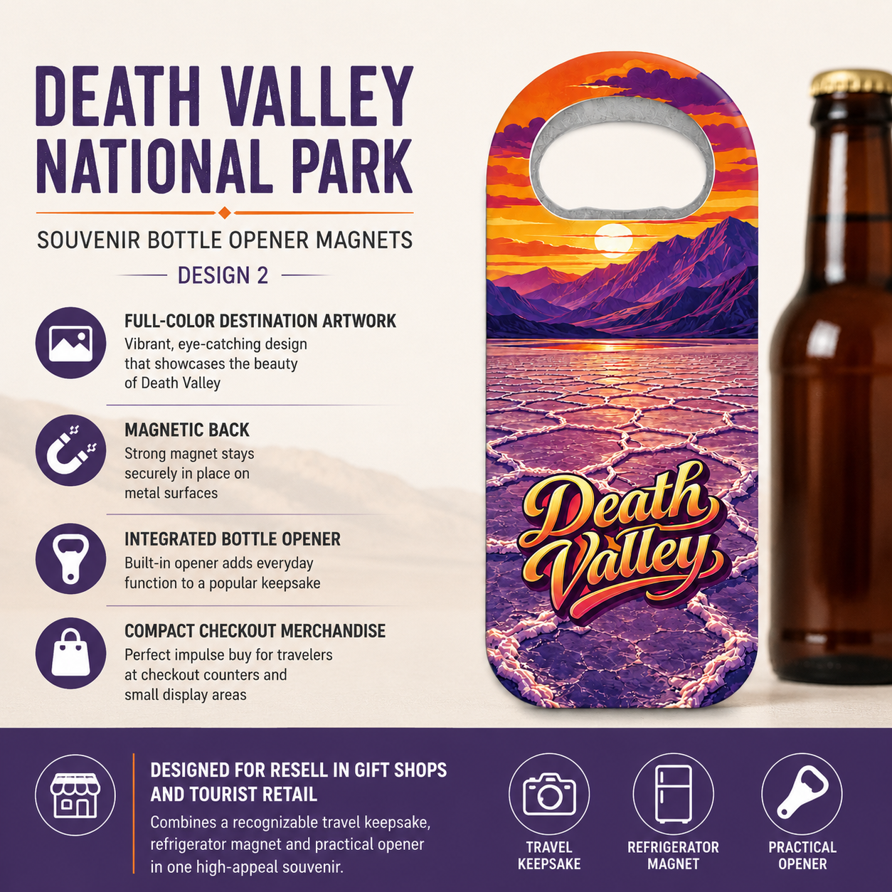 Death Valley National Park souvenir bottle opener magnet features infographic