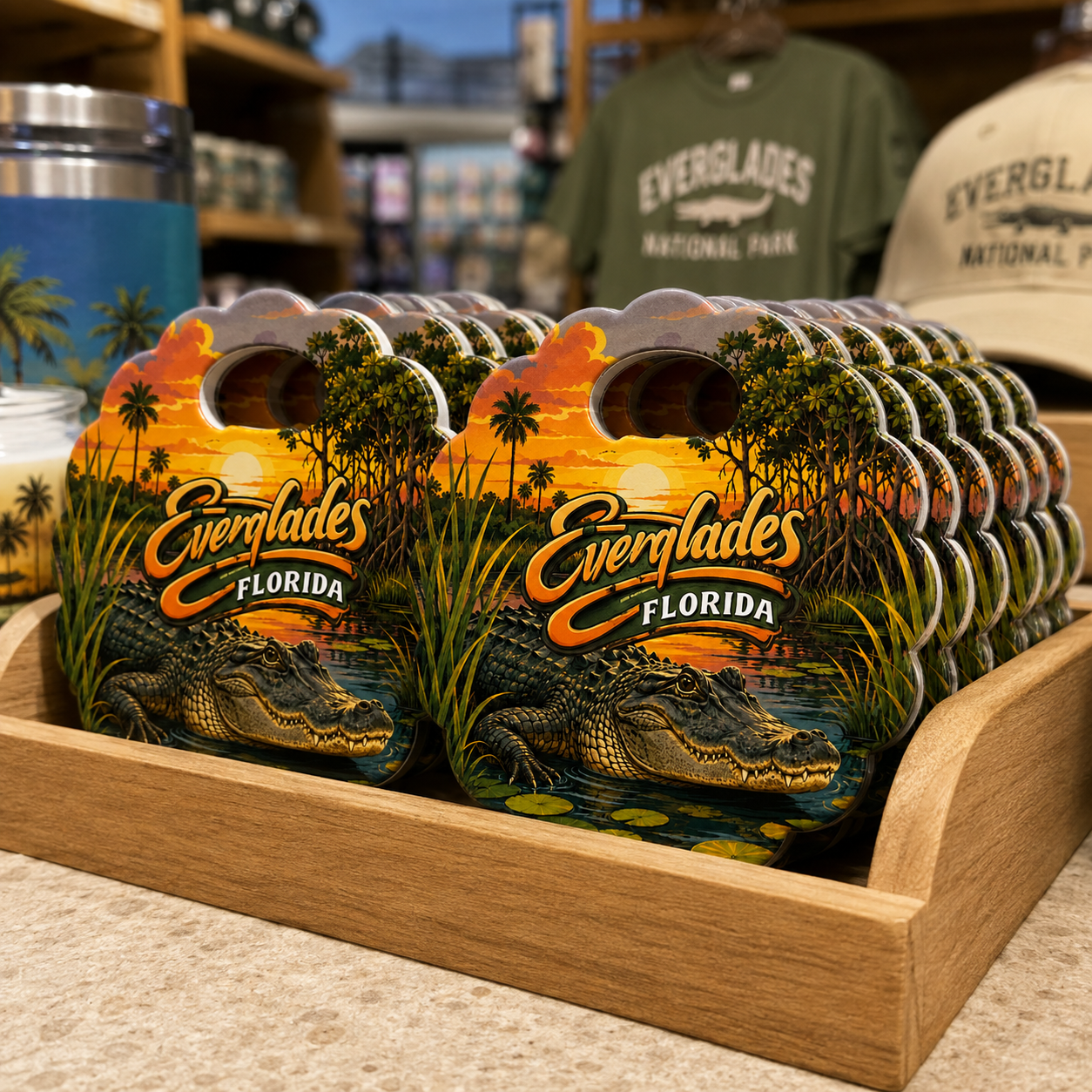 Everglades National Park souvenir bottle opener magnet in a retail lifestyle setting