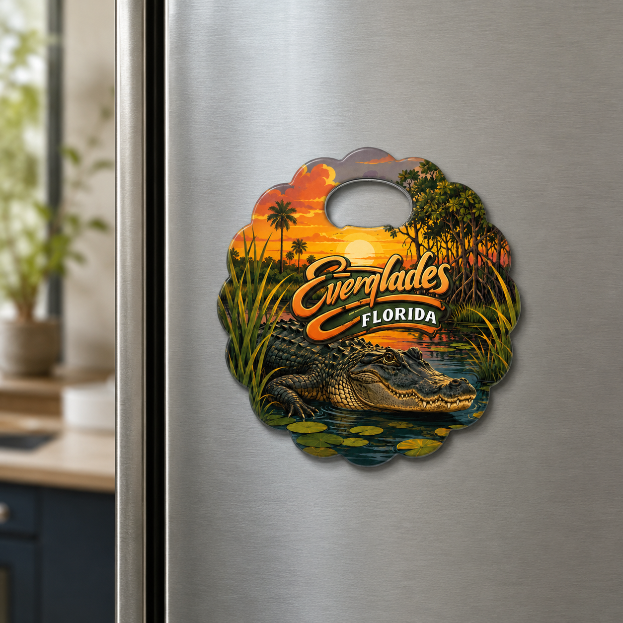 Everglades National Park souvenir bottle opener magnet displayed on a refrigerator