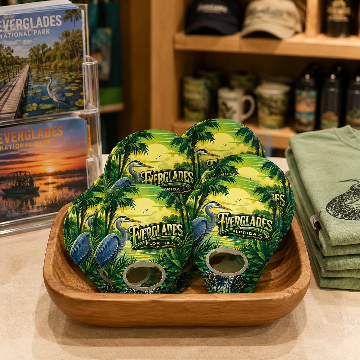 Everglades National Park souvenir bottle opener magnet in a retail lifestyle setting