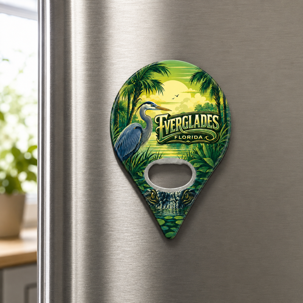 Everglades National Park souvenir bottle opener magnet displayed on a refrigerator