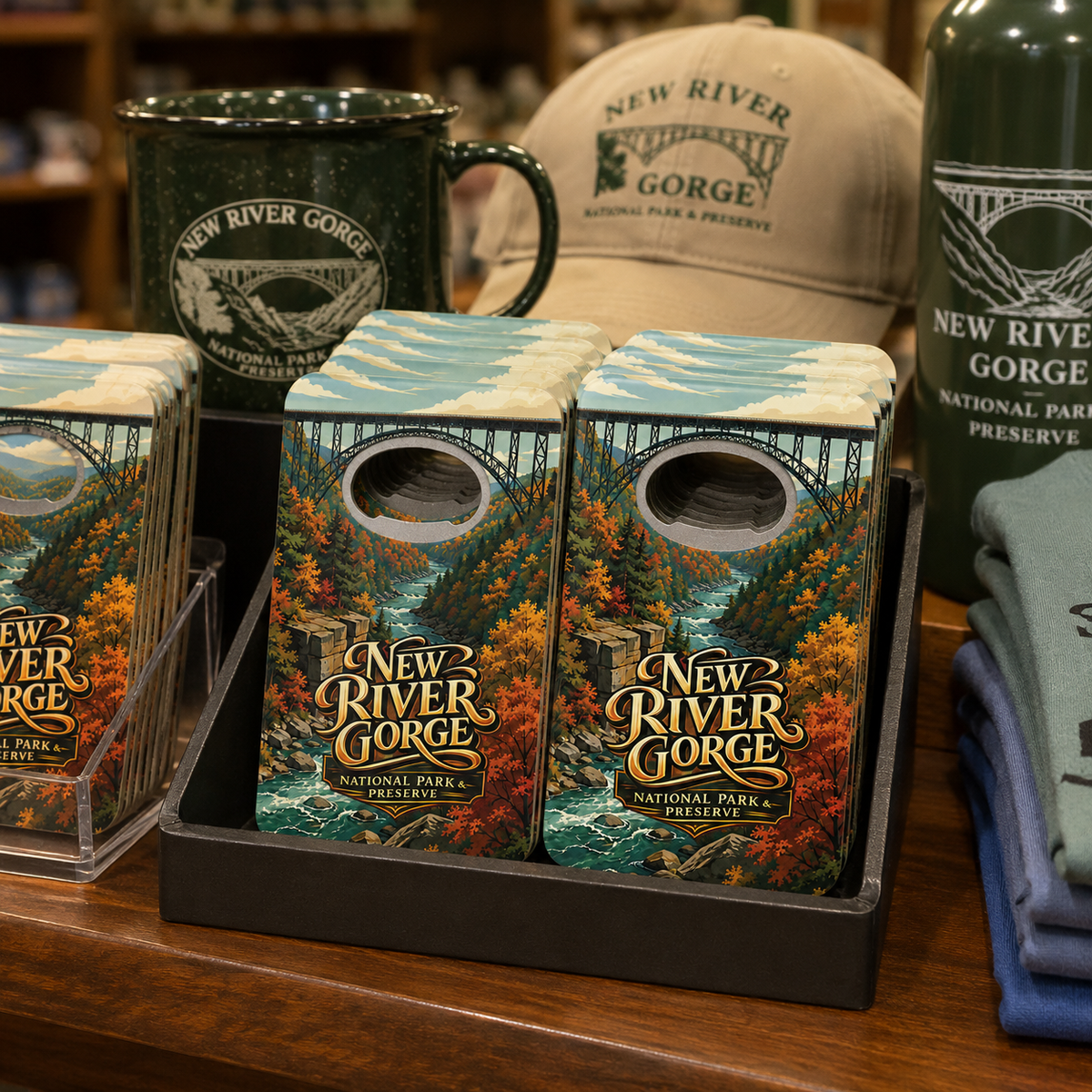 New River Gorge National Park & Preserve souvenir bottle opener magnet in a retail lifestyle setting