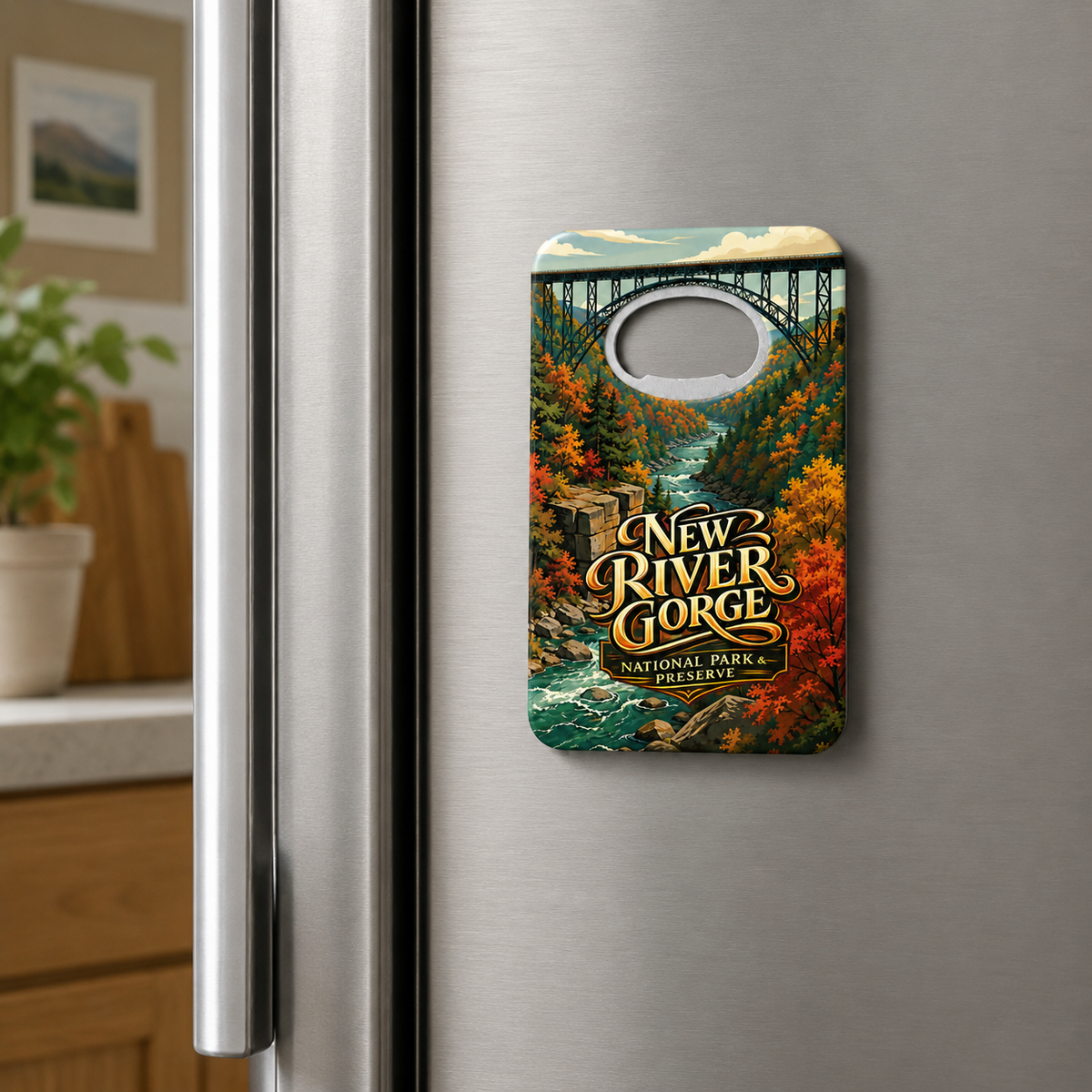 New River Gorge National Park & Preserve souvenir bottle opener magnet displayed on a refrigerator