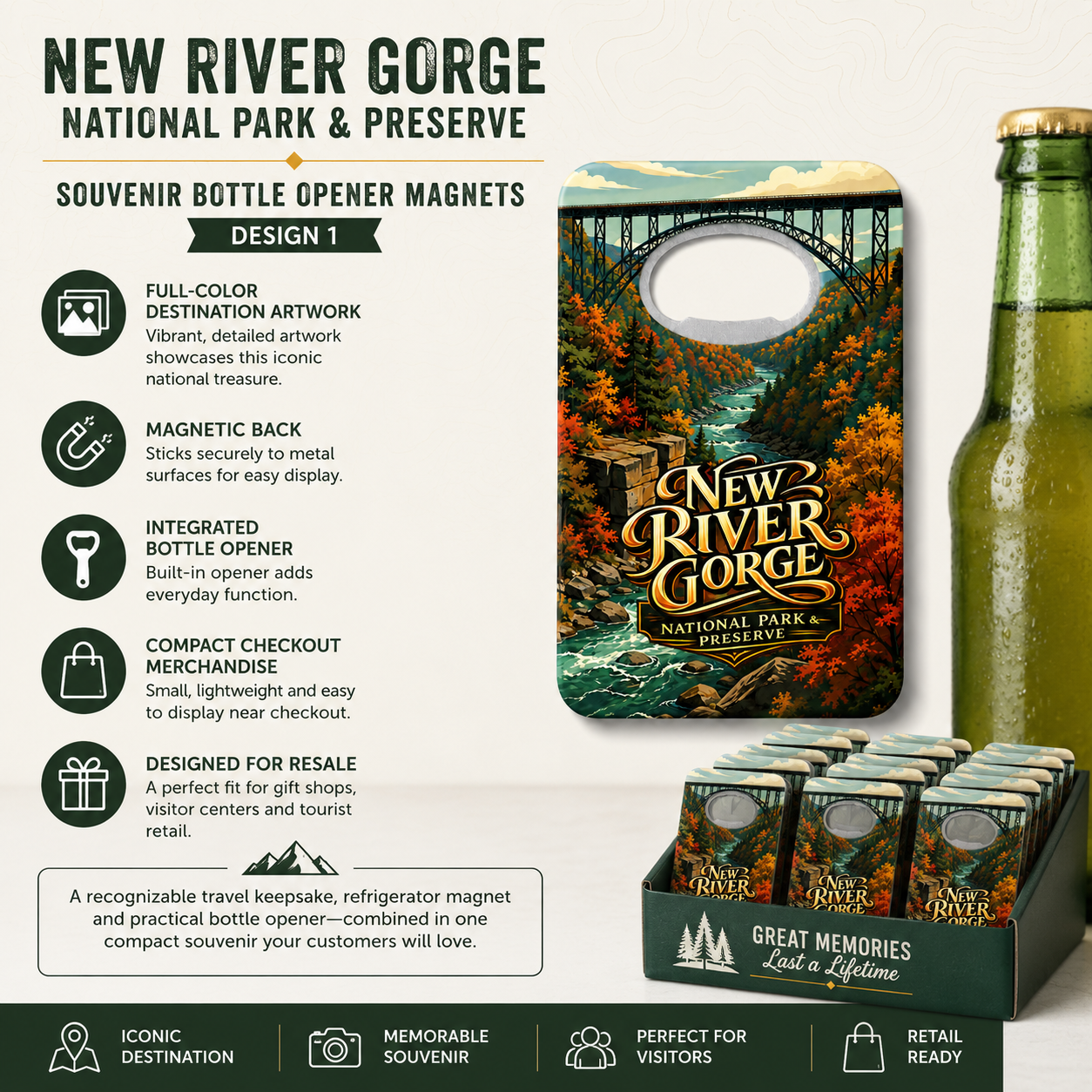 New River Gorge National Park & Preserve souvenir bottle opener magnet features infographic