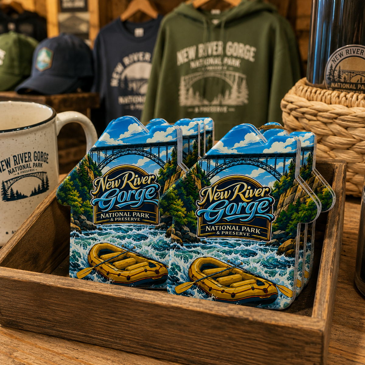 New River Gorge National Park & Preserve souvenir bottle opener magnet in a retail lifestyle setting