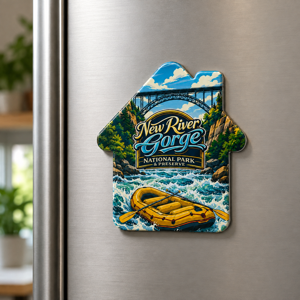 New River Gorge National Park & Preserve souvenir bottle opener magnet displayed on a refrigerator