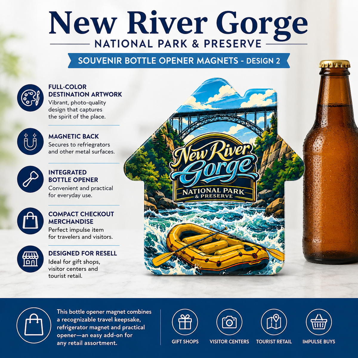 New River Gorge National Park & Preserve souvenir bottle opener magnet features infographic