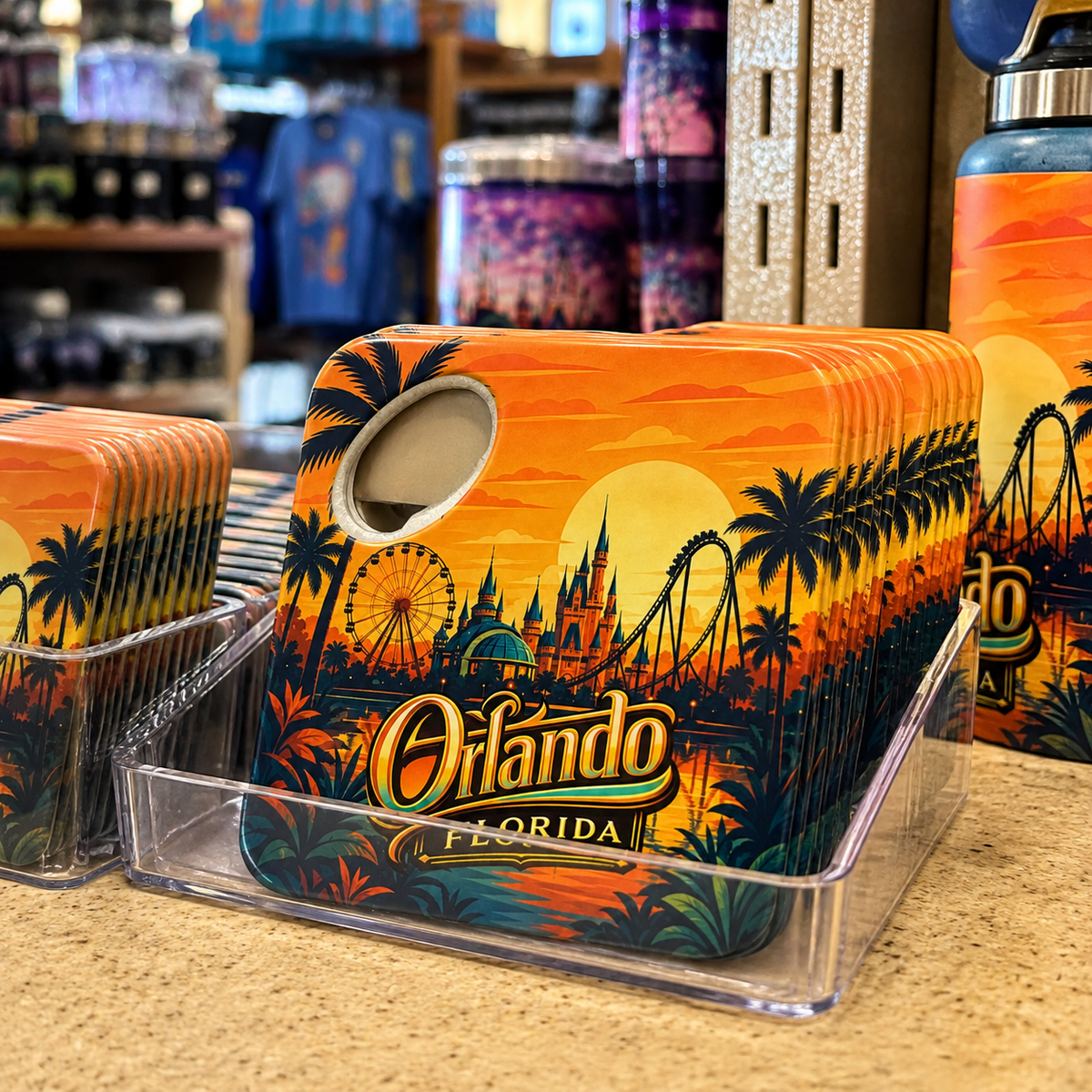 Orlando souvenir bottle opener magnet in a retail lifestyle setting