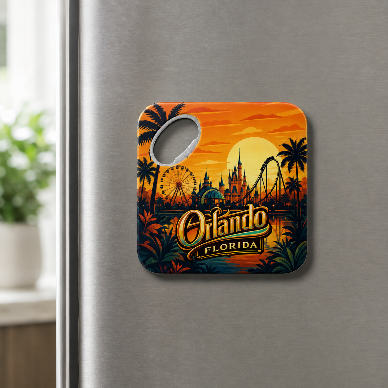 Orlando souvenir bottle opener magnet displayed on a refrigerator