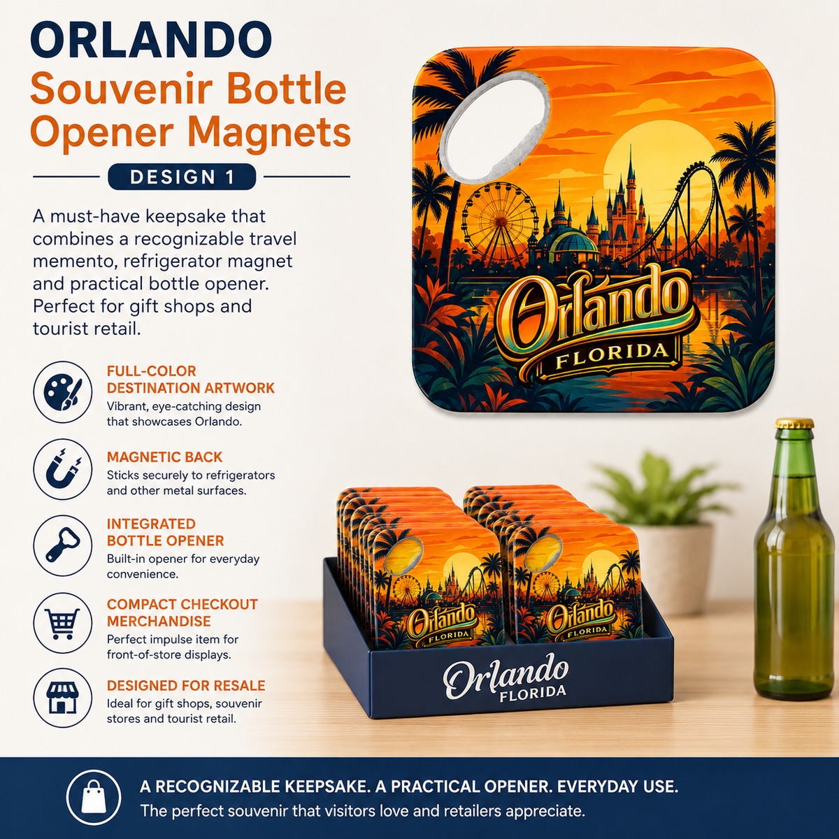 Orlando souvenir bottle opener magnet features infographic