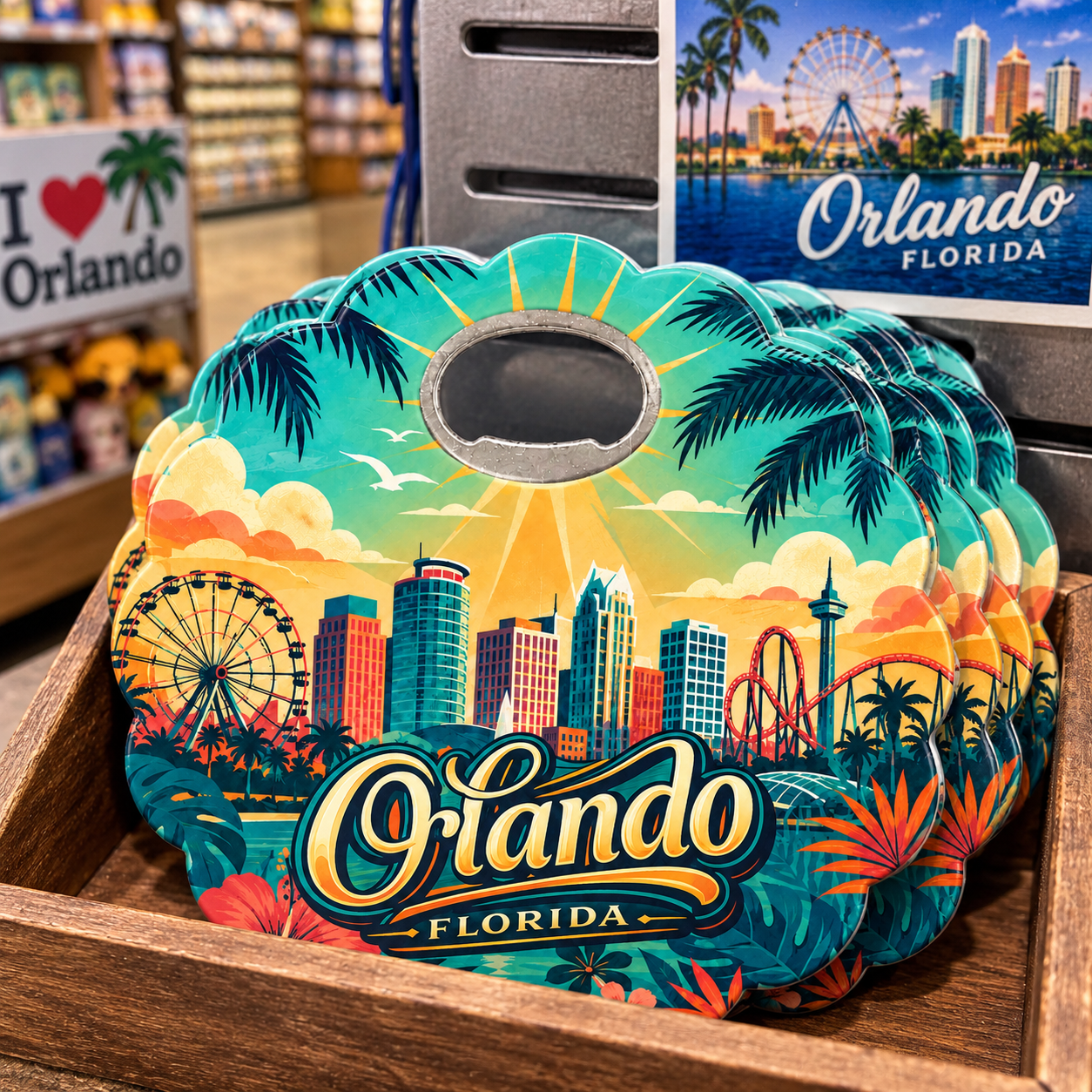 Orlando souvenir bottle opener magnet in a retail lifestyle setting
