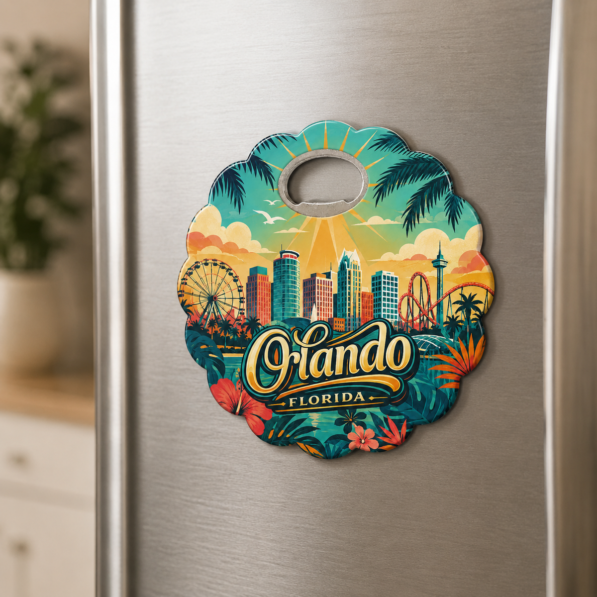 Orlando souvenir bottle opener magnet displayed on a refrigerator