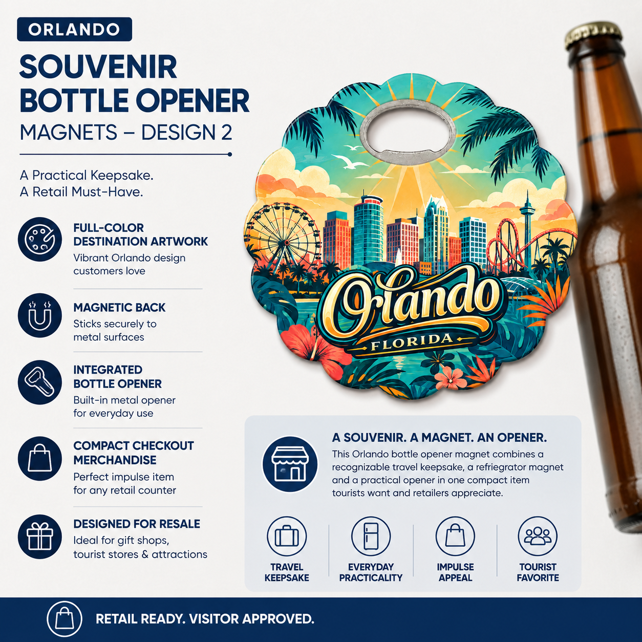 Orlando souvenir bottle opener magnet features infographic