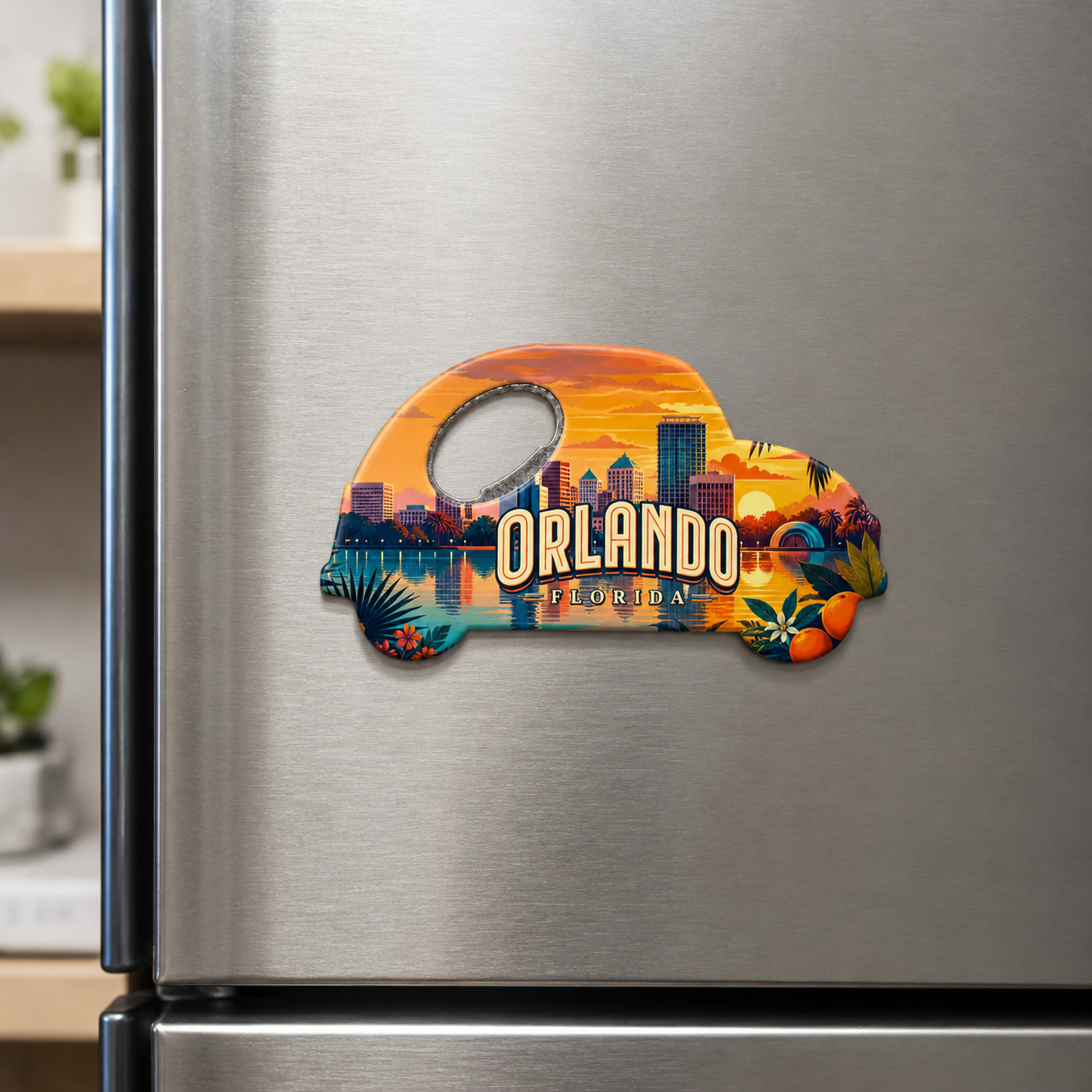 Orlando souvenir bottle opener magnet displayed on a refrigerator