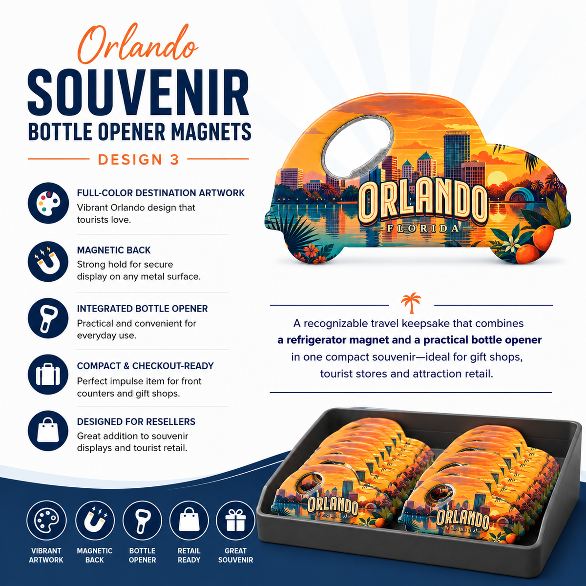 Orlando souvenir bottle opener magnet features infographic