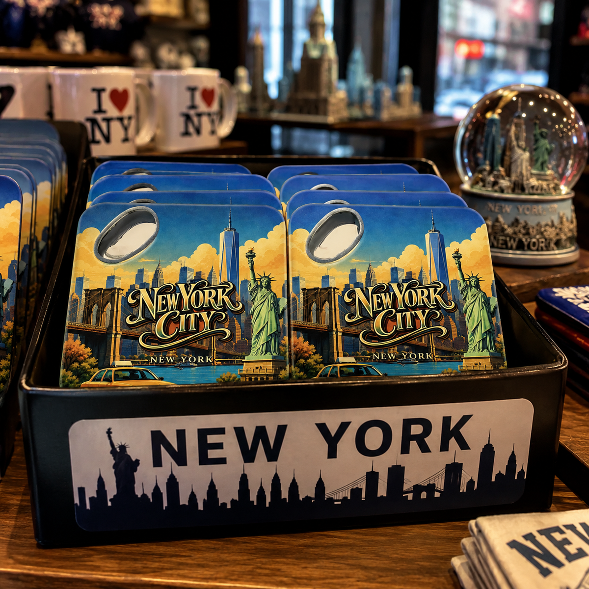 New York City souvenir bottle opener magnet in a retail lifestyle setting