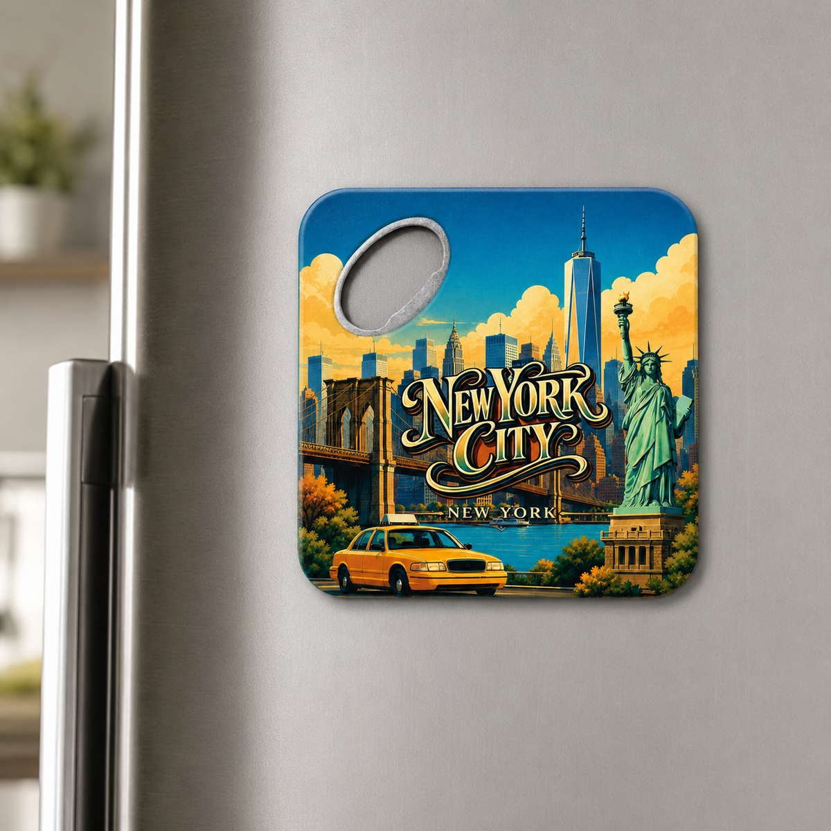 New York City souvenir bottle opener magnet displayed on a refrigerator