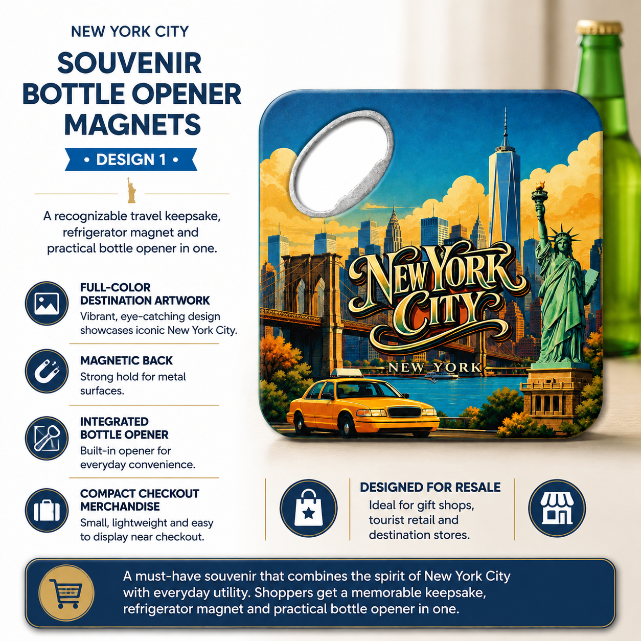 New York City souvenir bottle opener magnet features infographic