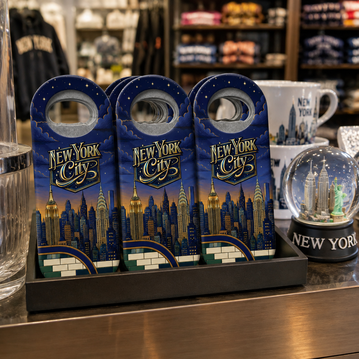 New York City souvenir bottle opener magnet in a retail lifestyle setting
