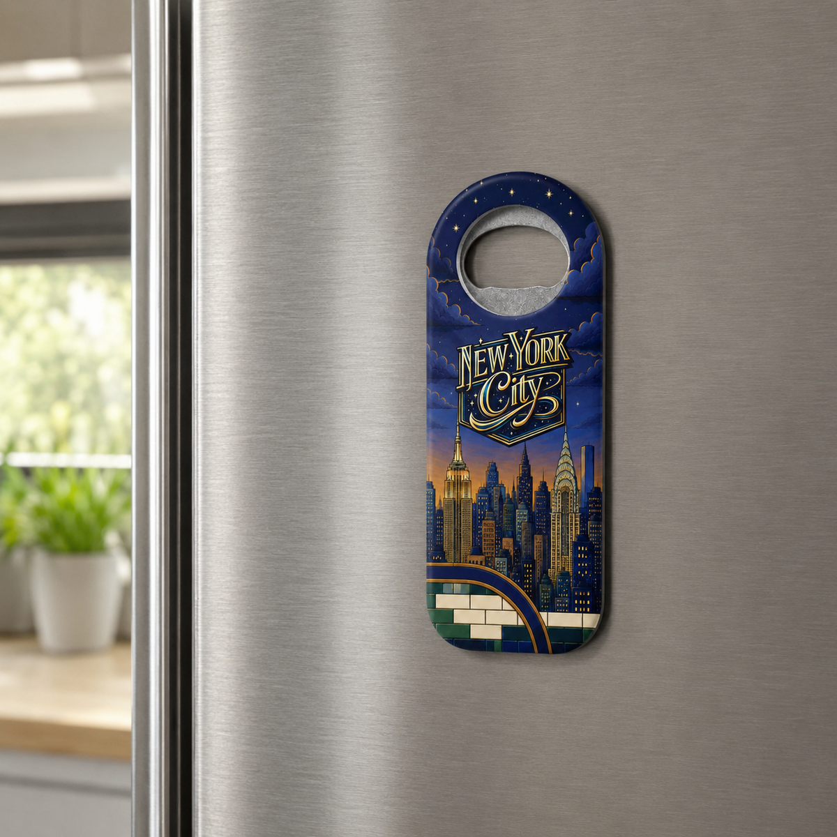 New York City souvenir bottle opener magnet displayed on a refrigerator
