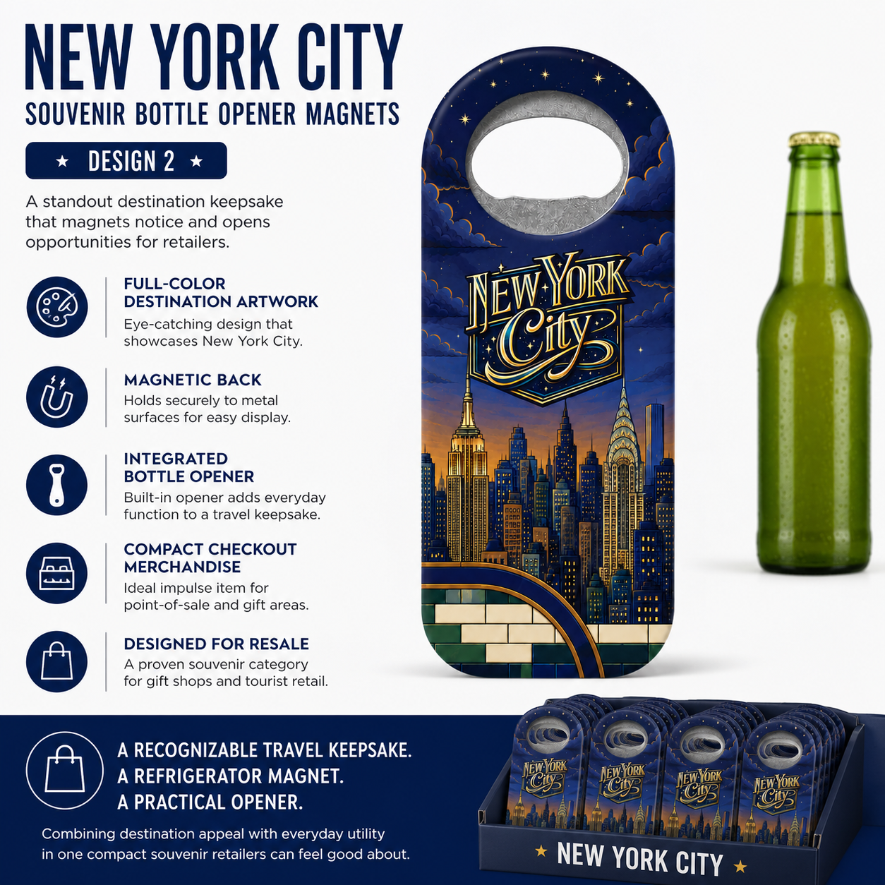 New York City souvenir bottle opener magnet features infographic