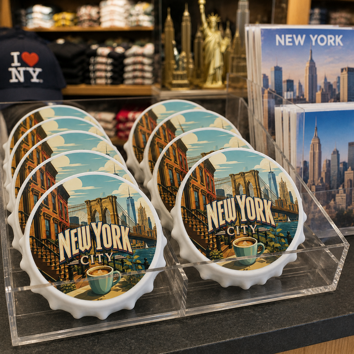 New York City souvenir bottle opener magnet in a retail lifestyle setting