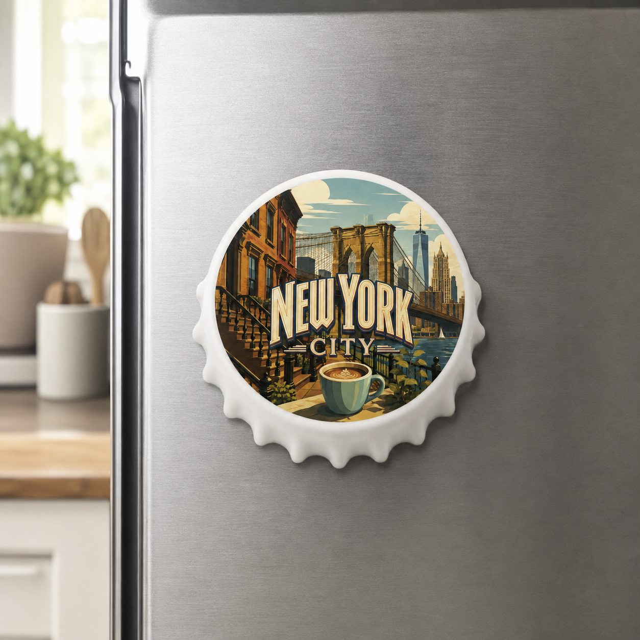 New York City souvenir bottle opener magnet displayed on a refrigerator