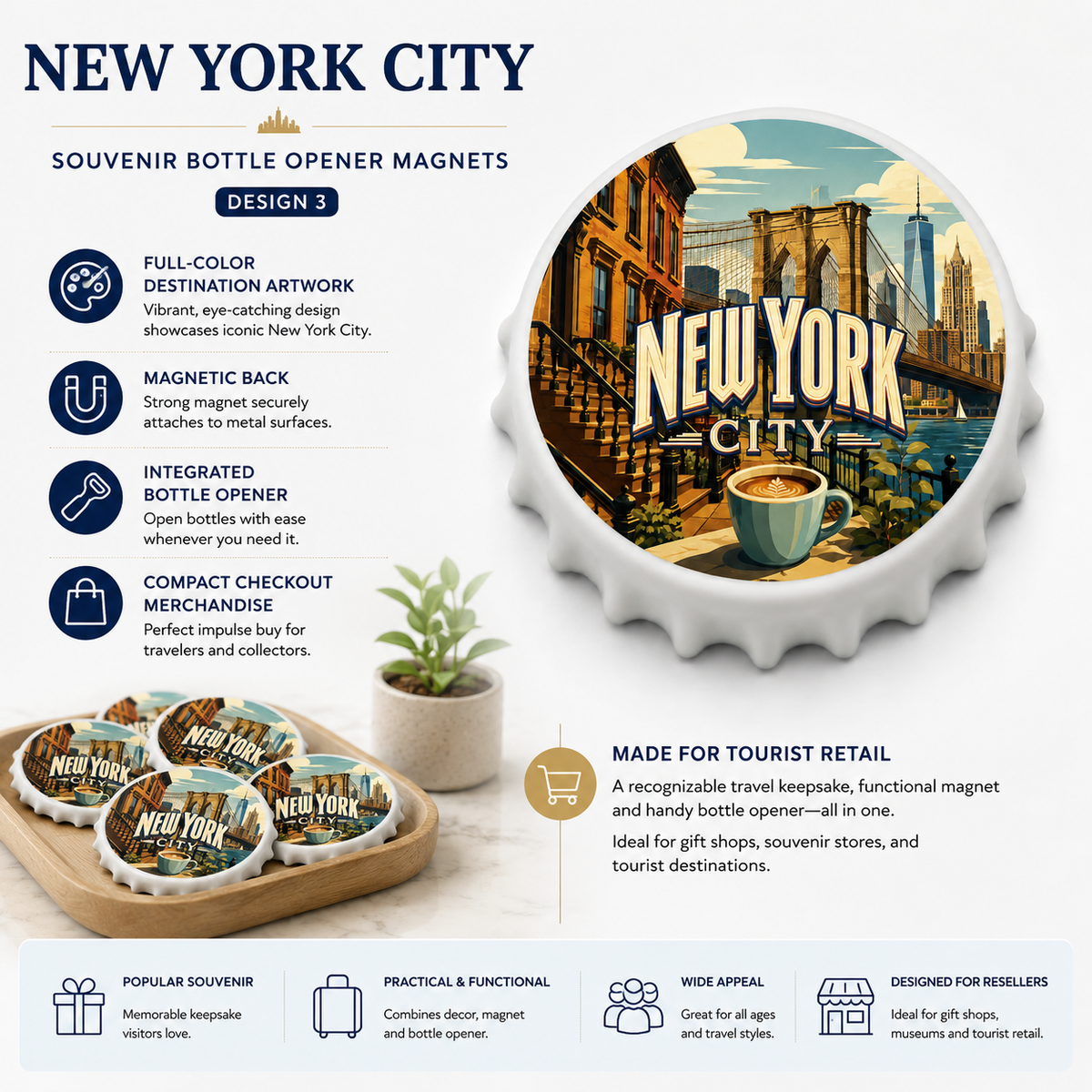 New York City souvenir bottle opener magnet features infographic