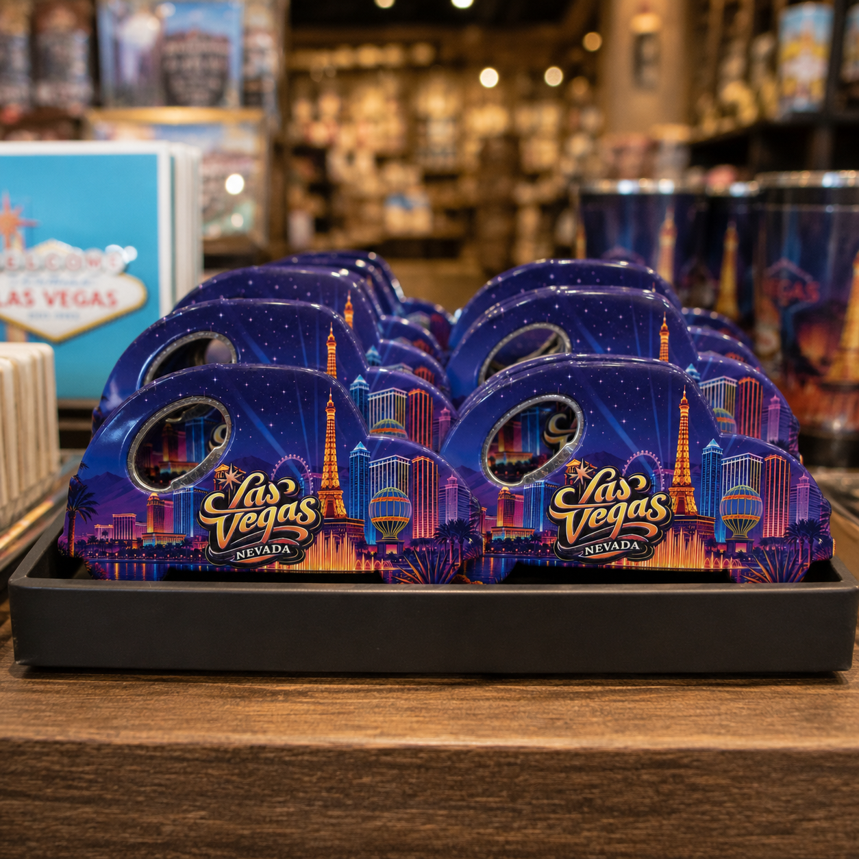 Las Vegas souvenir bottle opener magnet in a retail lifestyle setting