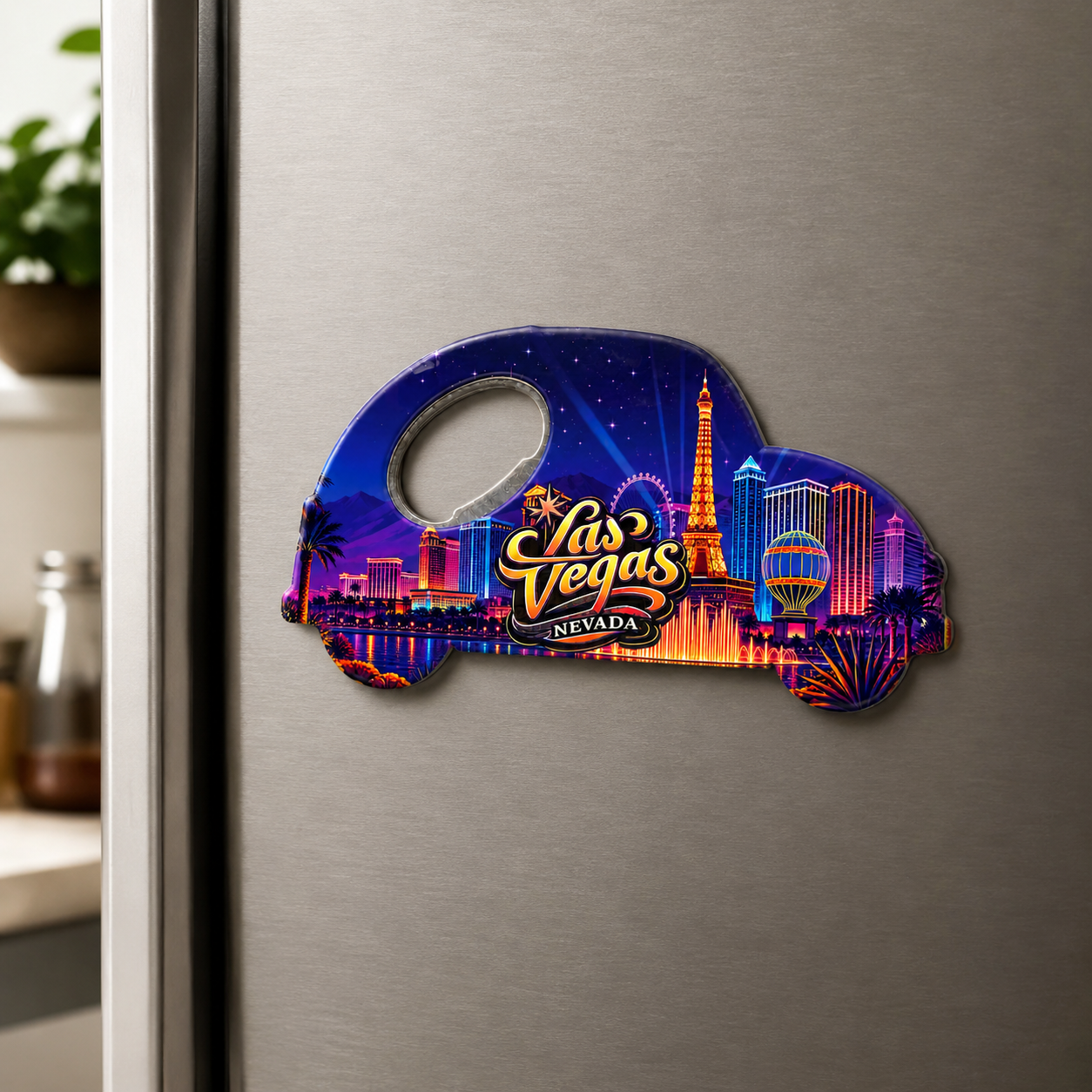 Las Vegas souvenir bottle opener magnet displayed on a refrigerator