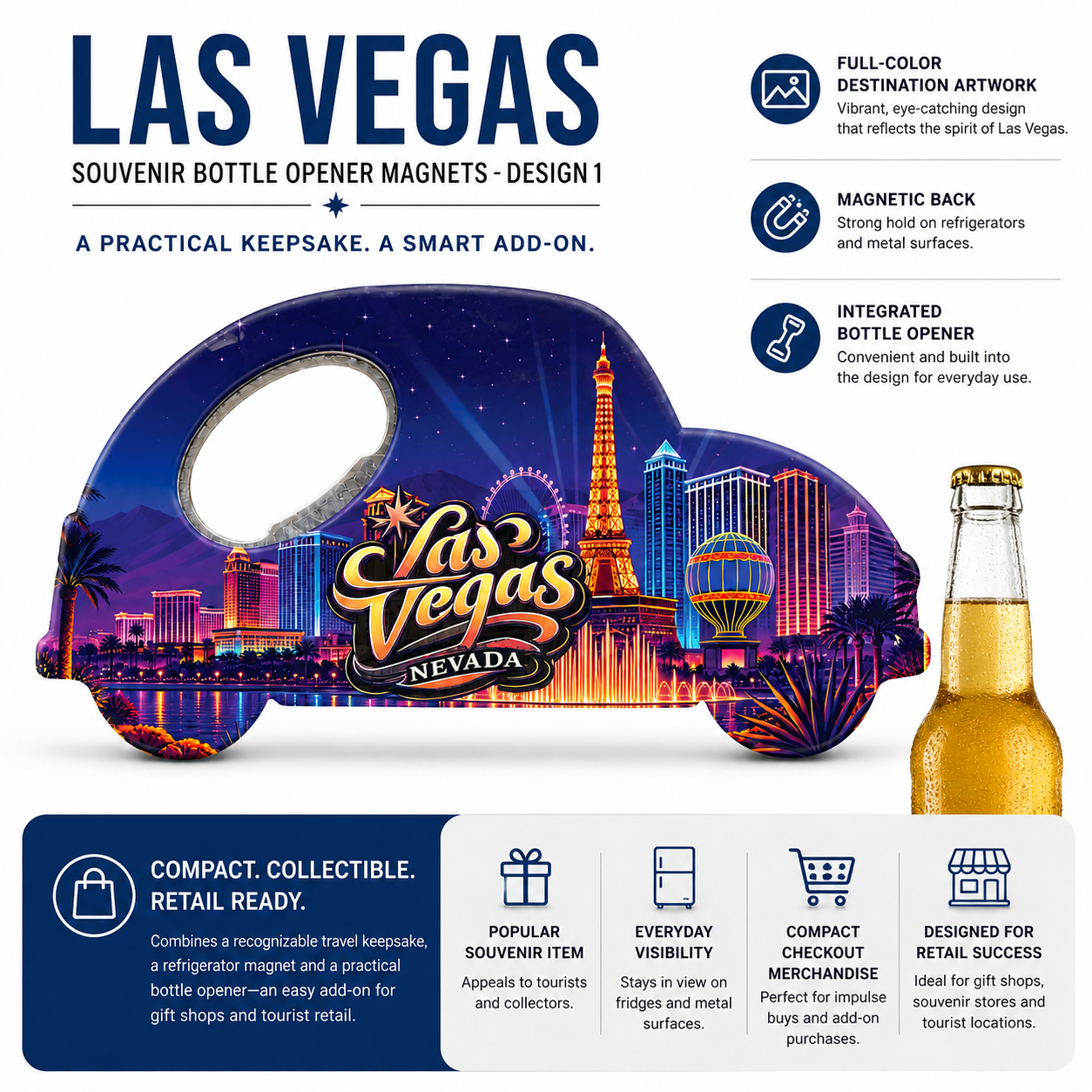 Las Vegas souvenir bottle opener magnet features infographic