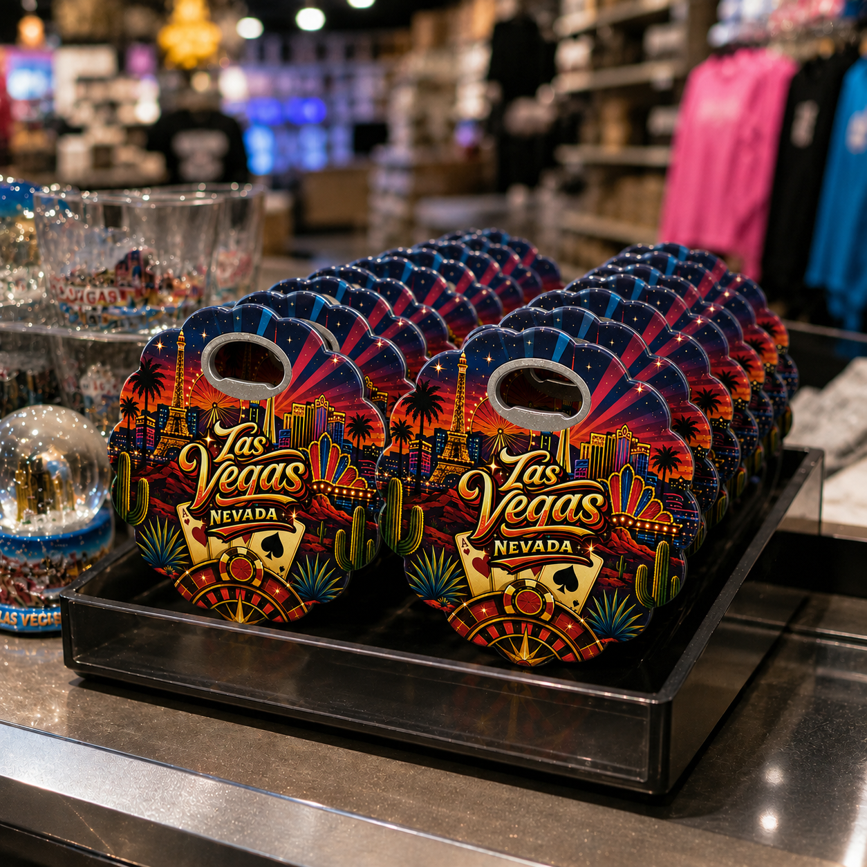 Las Vegas souvenir bottle opener magnet in a retail lifestyle setting