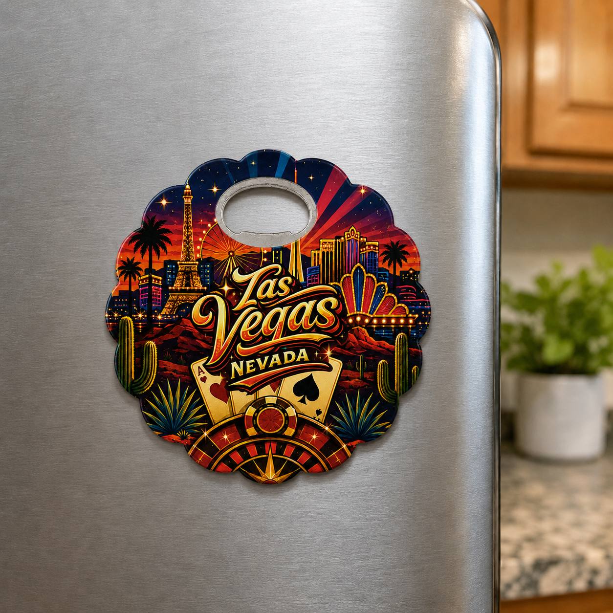 Las Vegas souvenir bottle opener magnet displayed on a refrigerator