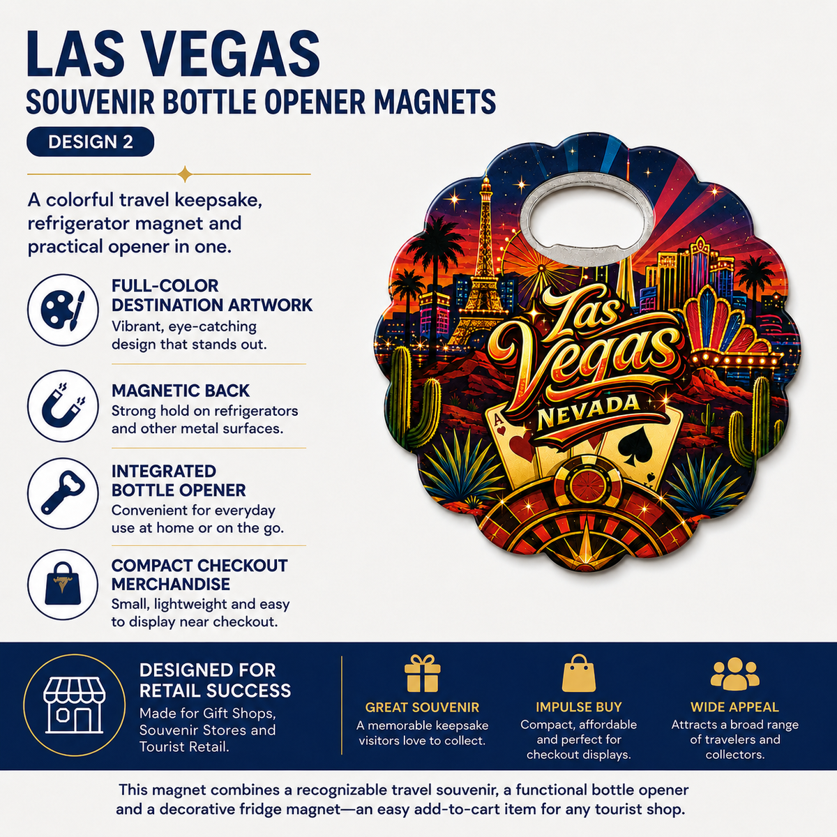 Las Vegas souvenir bottle opener magnet features infographic