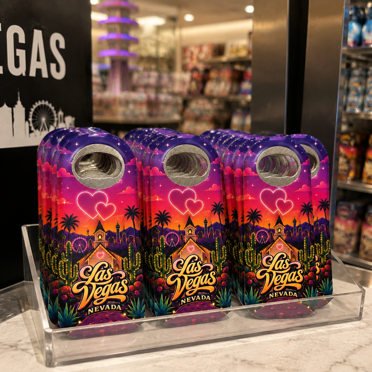 Las Vegas souvenir bottle opener magnet in a retail lifestyle setting