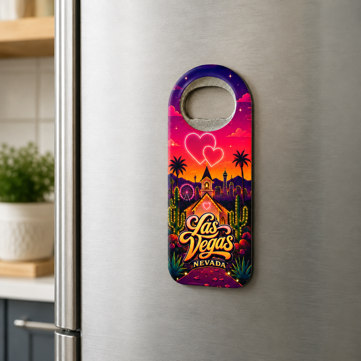 Las Vegas souvenir bottle opener magnet displayed on a refrigerator