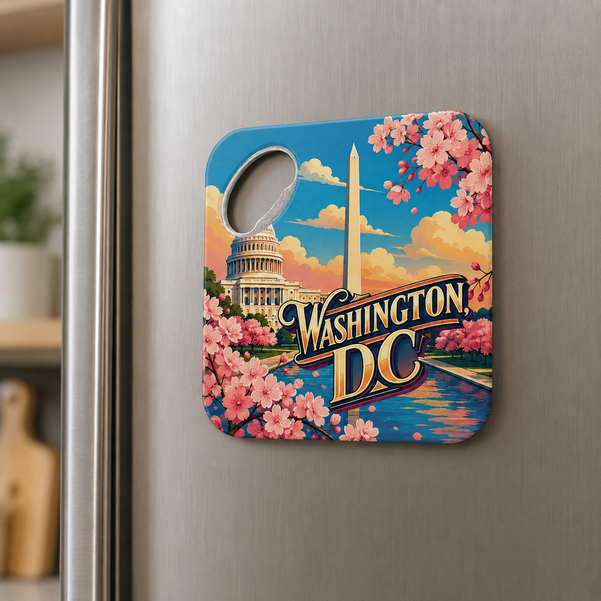 Washington, DC souvenir bottle opener magnet displayed on a refrigerator