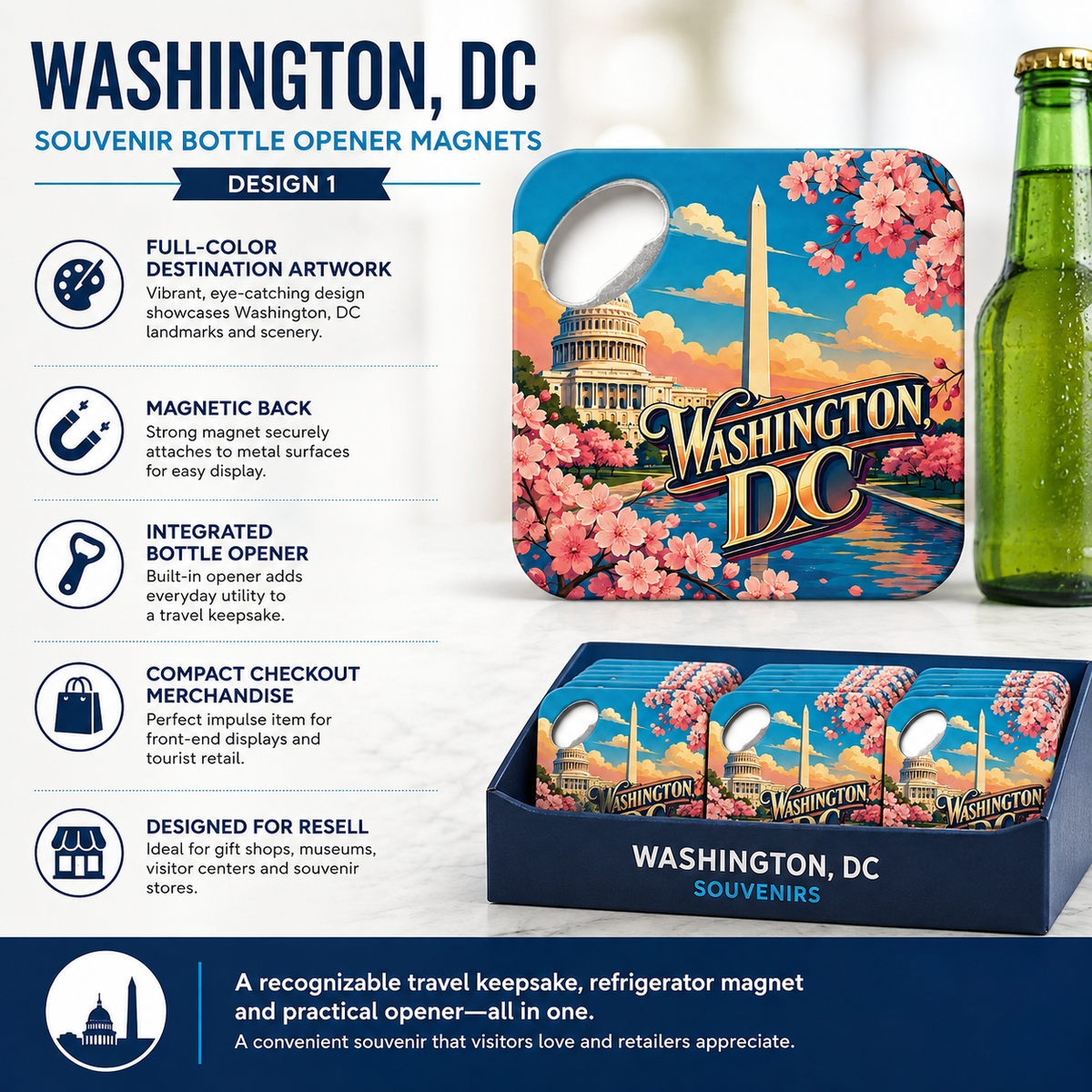 Washington, DC souvenir bottle opener magnet features infographic