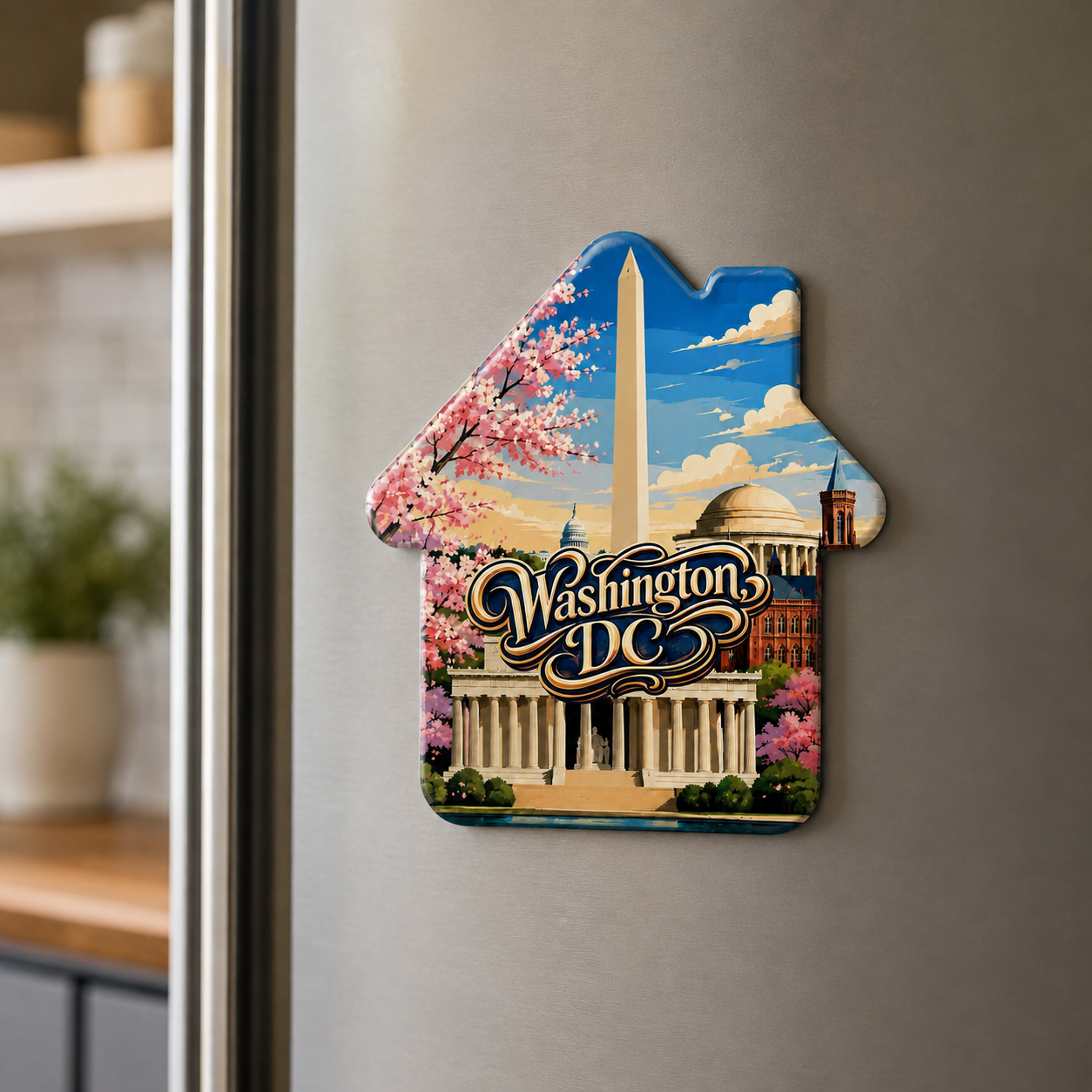 Washington, DC souvenir bottle opener magnet displayed on a refrigerator