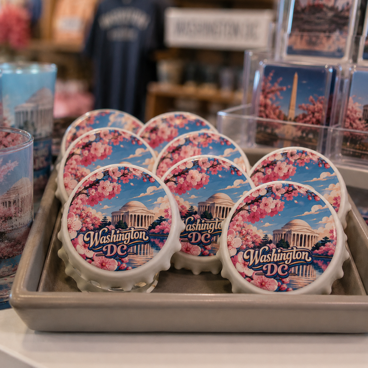 Washington, DC souvenir bottle opener magnet in a retail lifestyle setting