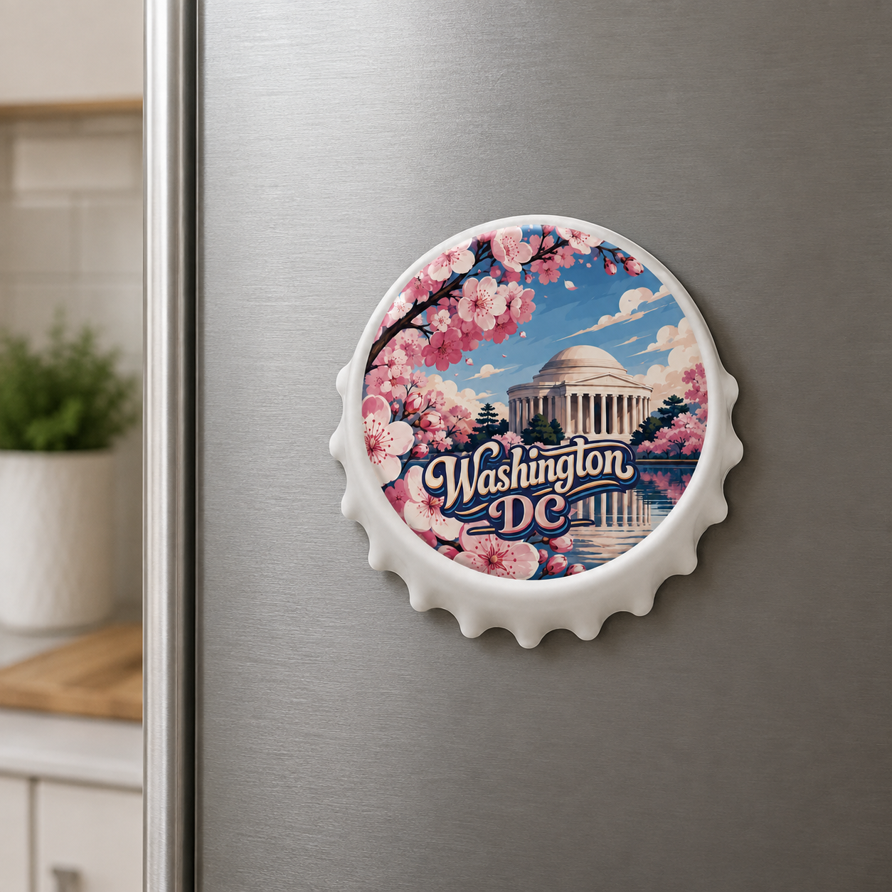 Washington, DC souvenir bottle opener magnet displayed on a refrigerator