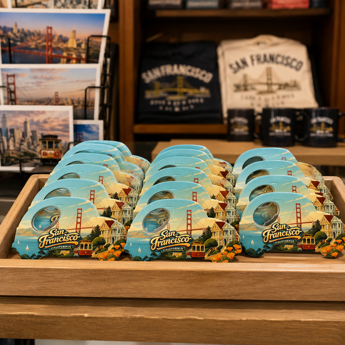San Francisco souvenir bottle opener magnet in a retail lifestyle setting
