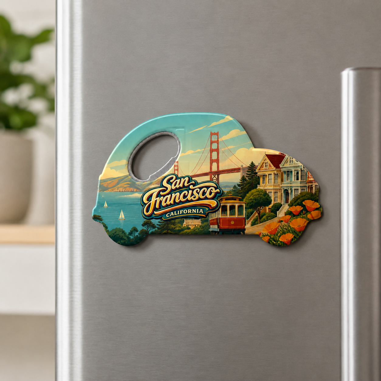 San Francisco souvenir bottle opener magnet displayed on a refrigerator