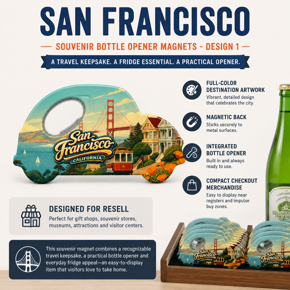 San Francisco souvenir bottle opener magnet features infographic