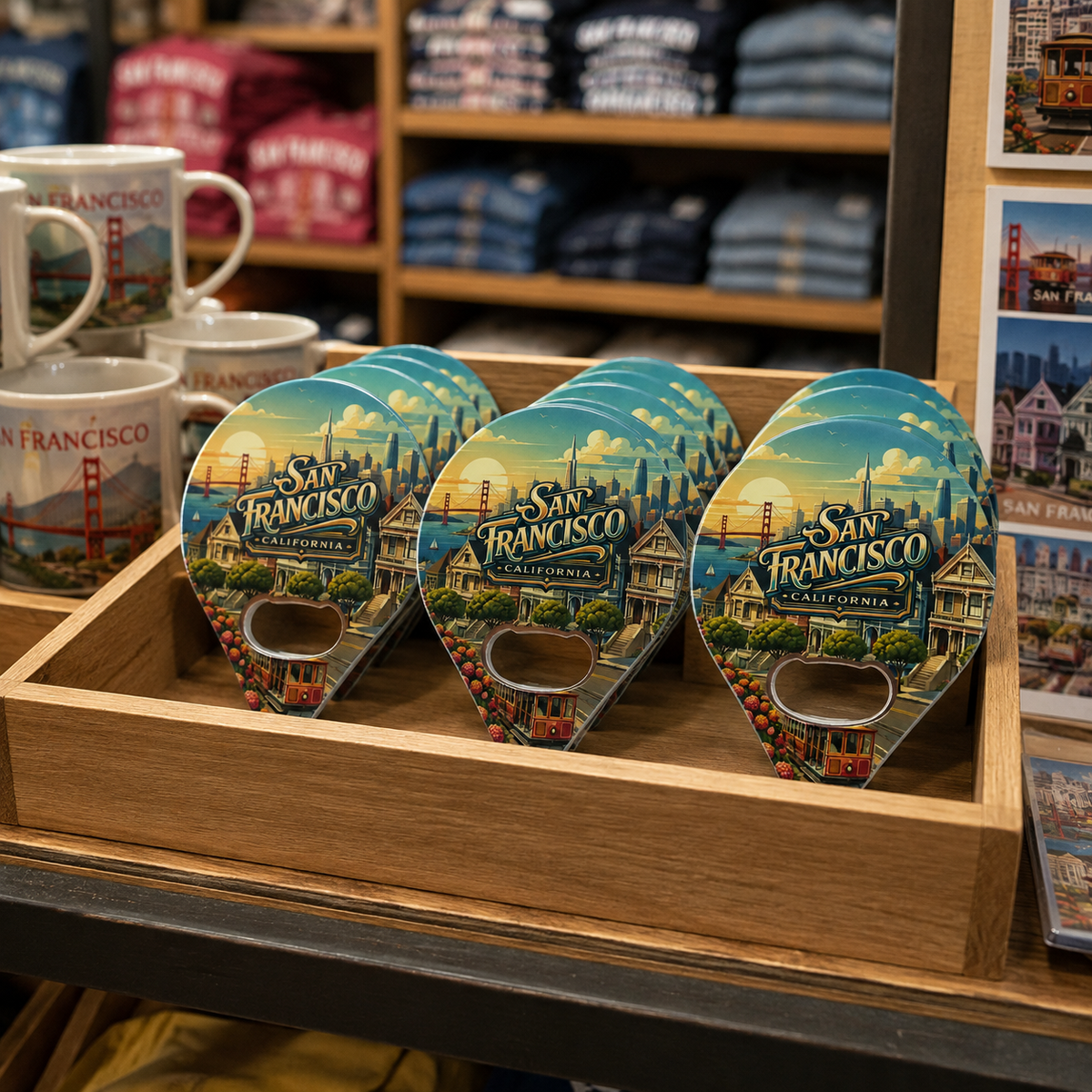San Francisco souvenir bottle opener magnet in a retail lifestyle setting